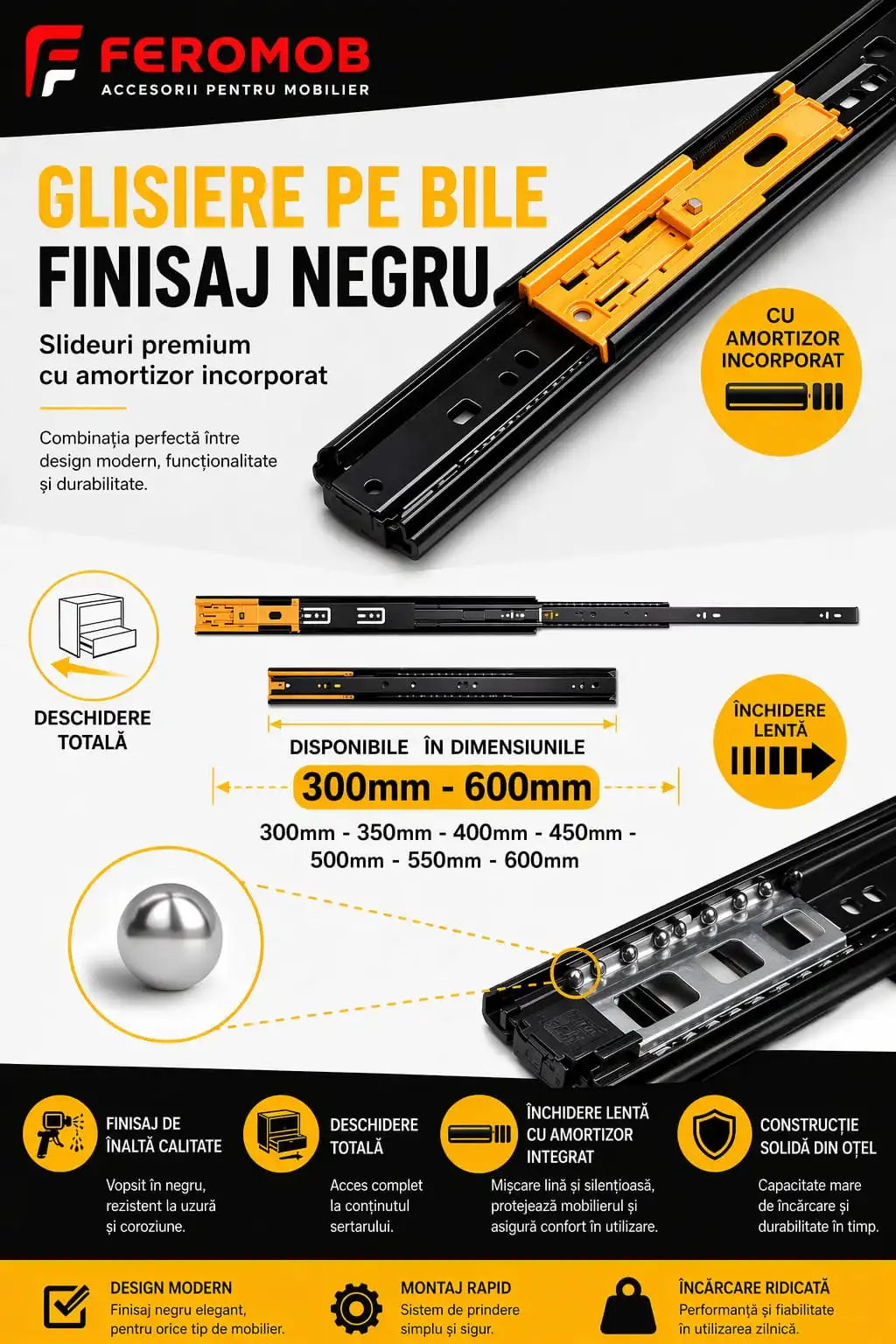 Glisieră cu bile, extragere totală, negru, Emuca